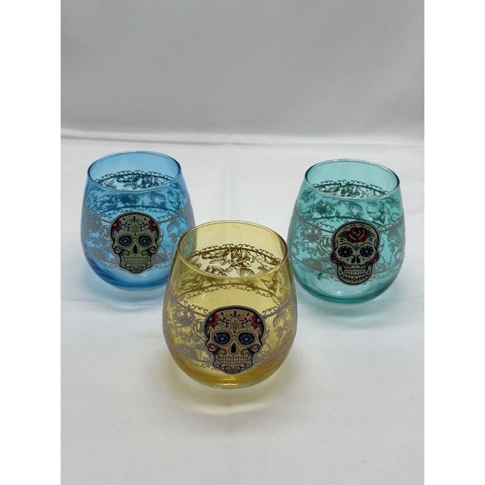 Three Hand Painted Sugar Skull Stemless Wine Glasses Bottom Weighted